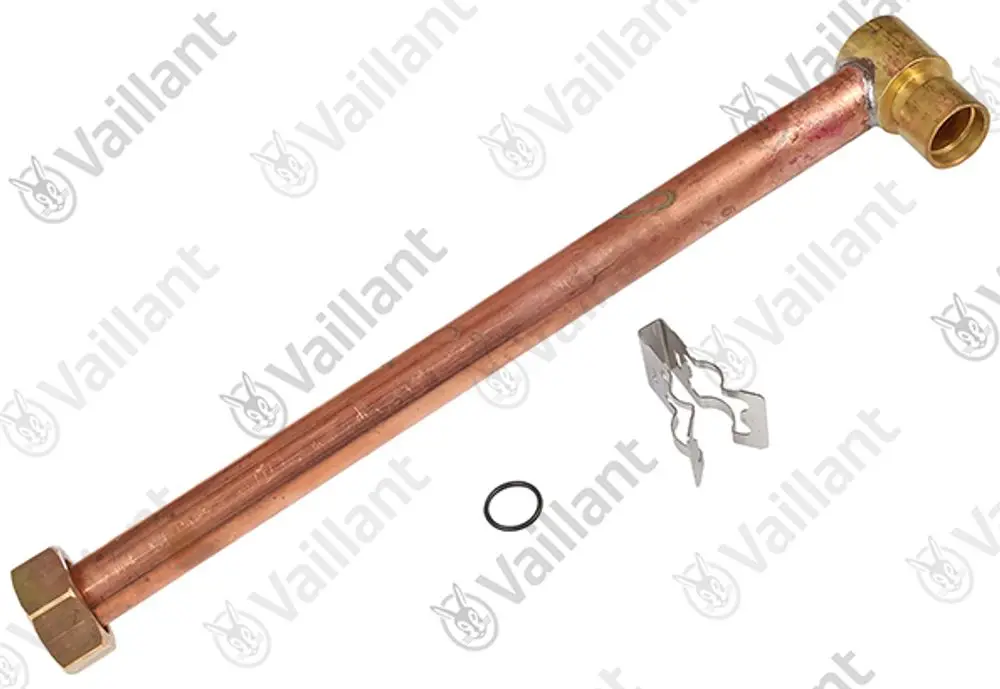 Vaillant Rohr aus Kupfer mit einer geraden Form und einem Verbindungselement, begleitet von einer Dichtung und einer Halterung.
